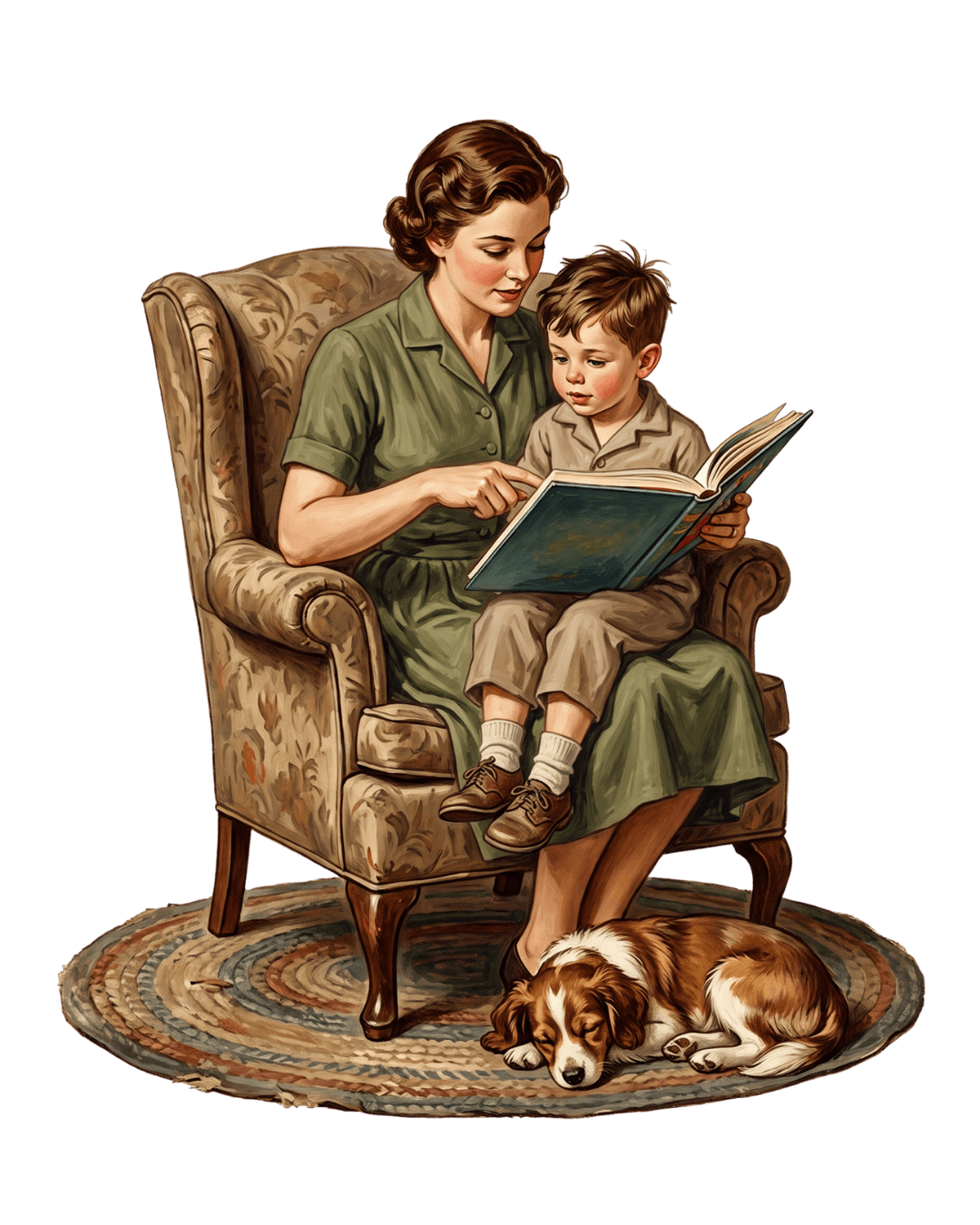 Moça contando uma história para uma criança, com um livro aberto e um cachorro aos pés