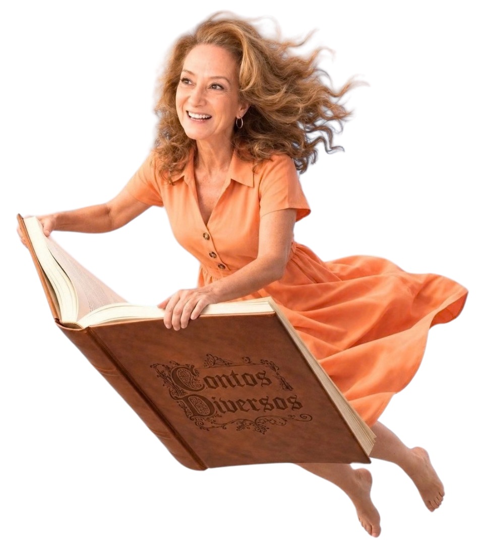 Mulher voando sobre um livro aberto