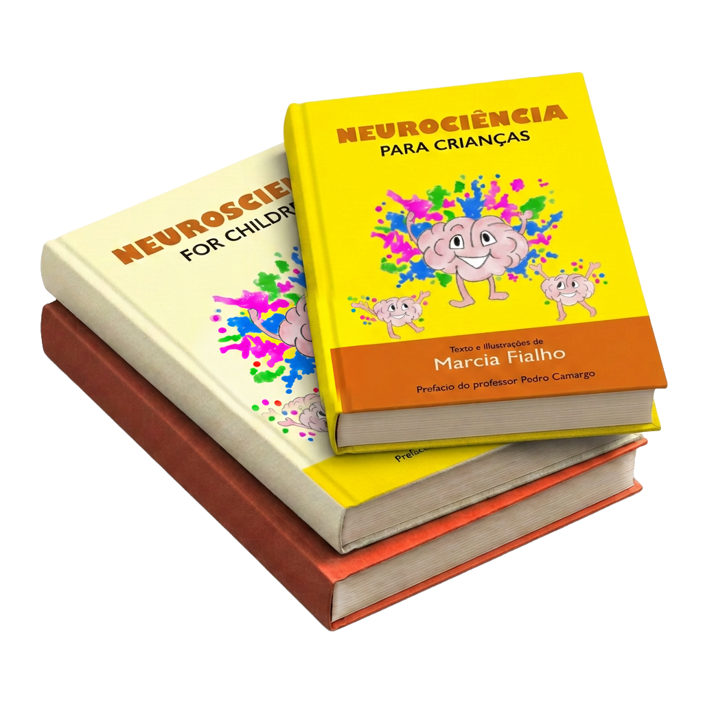 Livros Neurociência para Crianças e Neuroscience for Children, de Marcia Fialho, empilhados